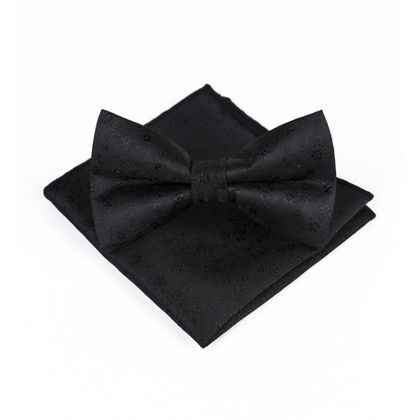 Black pattern satin bow tie and matching handkerchief set
